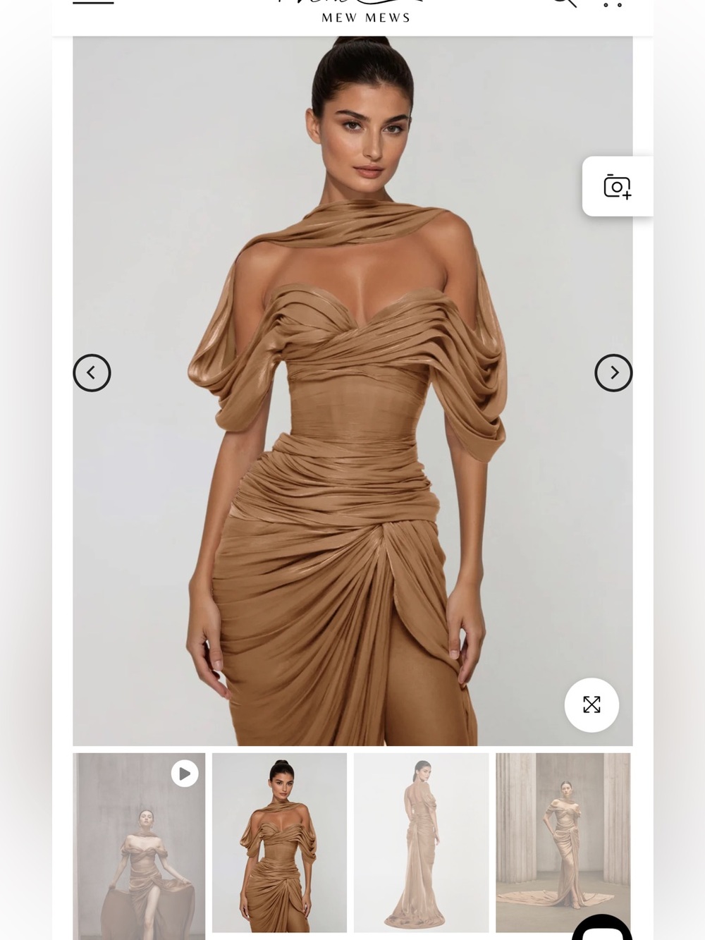 Mew Mews Off-Shoulder Draped Maxi Dress in Gold